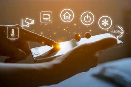 hand hold smartphone with  smart home app standing 